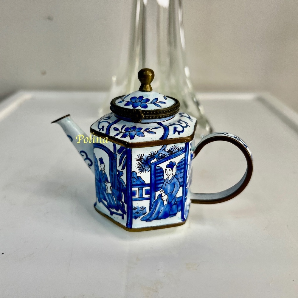 Vintage Kelvin Chen Miniature Enamel Teapot with a scene of a scholar reading